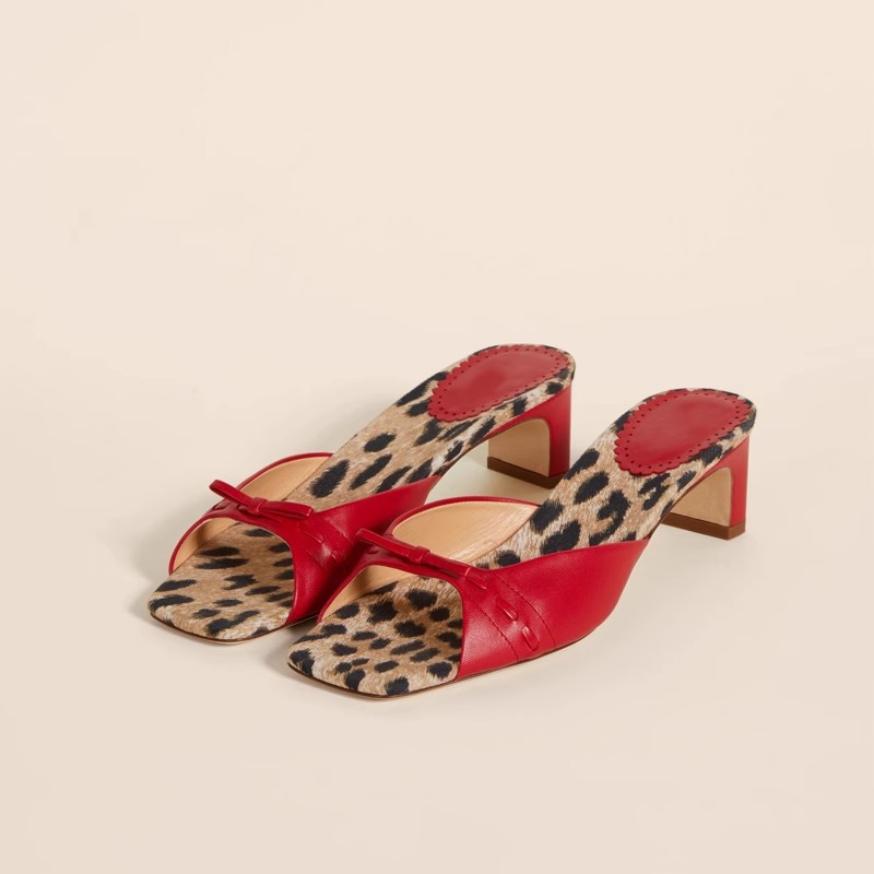 Bow thick slippers square head high-heeled sandals for women