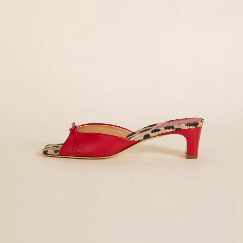 Bow thick slippers square head high-heeled sandals for women