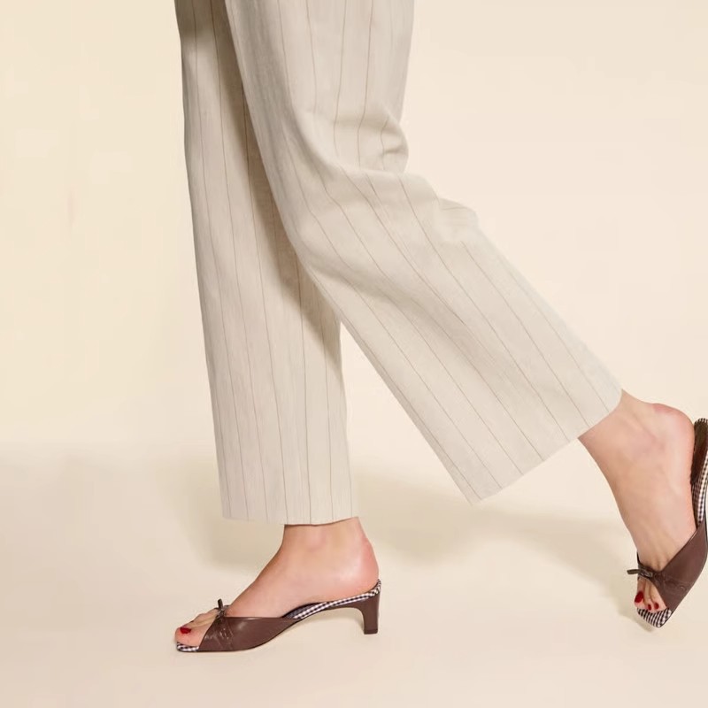 Bow thick slippers square head high-heeled sandals for women