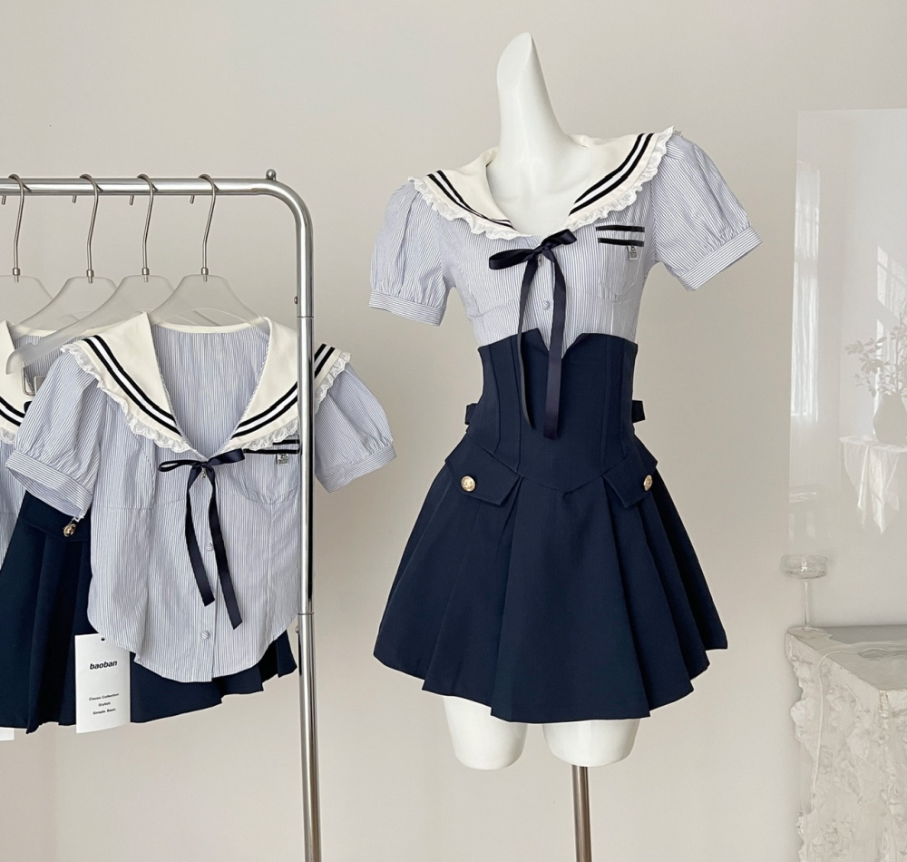 Slim summer tops short sleeve spicegirl short skirt
