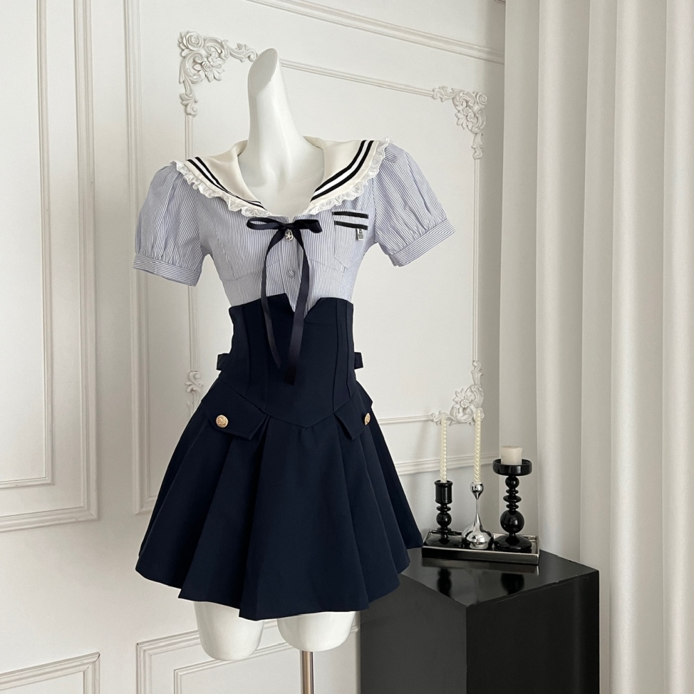 Slim summer tops short sleeve spicegirl short skirt