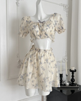 Cotton tops short sleeve short skirt a set