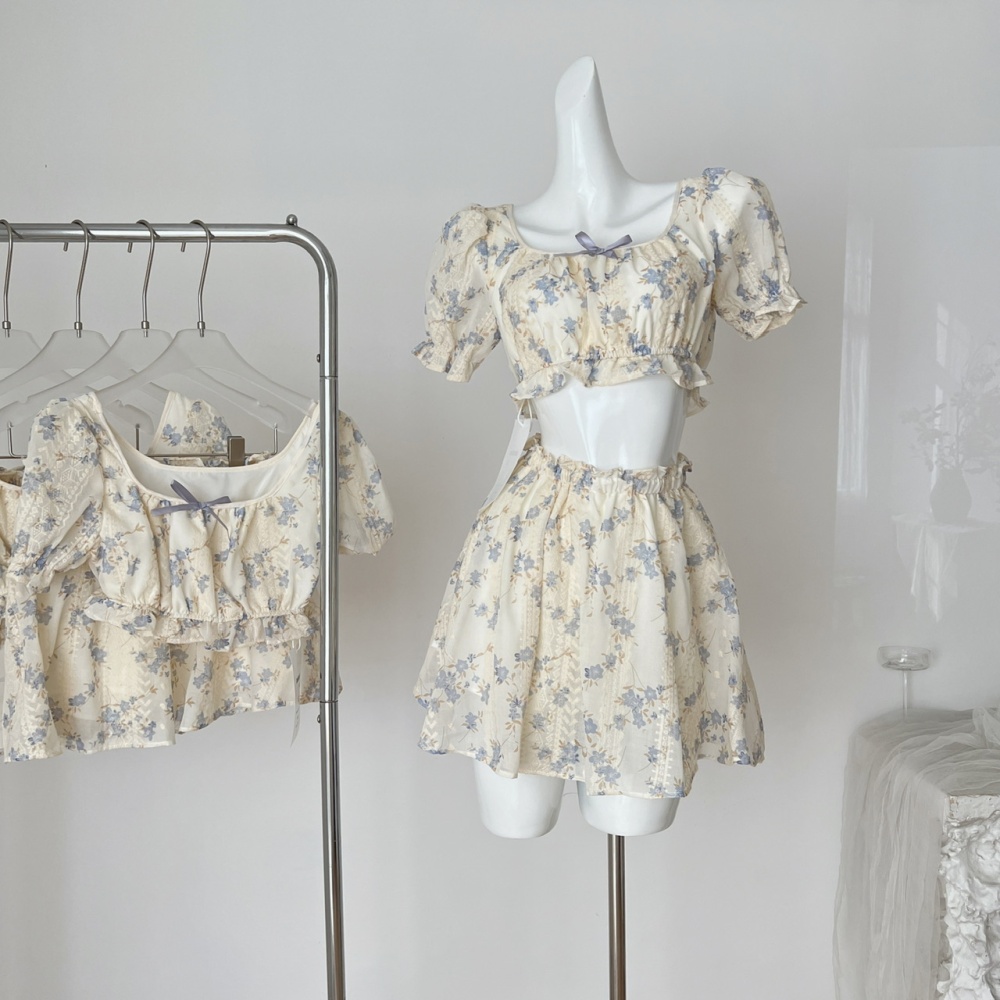 Cotton tops short sleeve short skirt a set