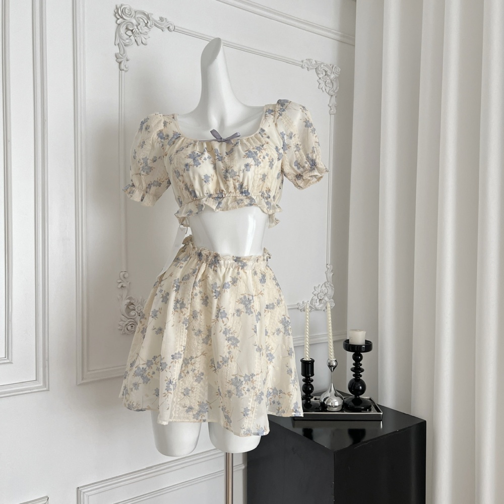Cotton tops short sleeve short skirt a set