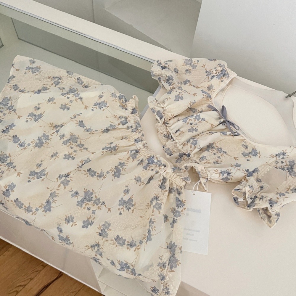 Cotton tops short sleeve short skirt a set