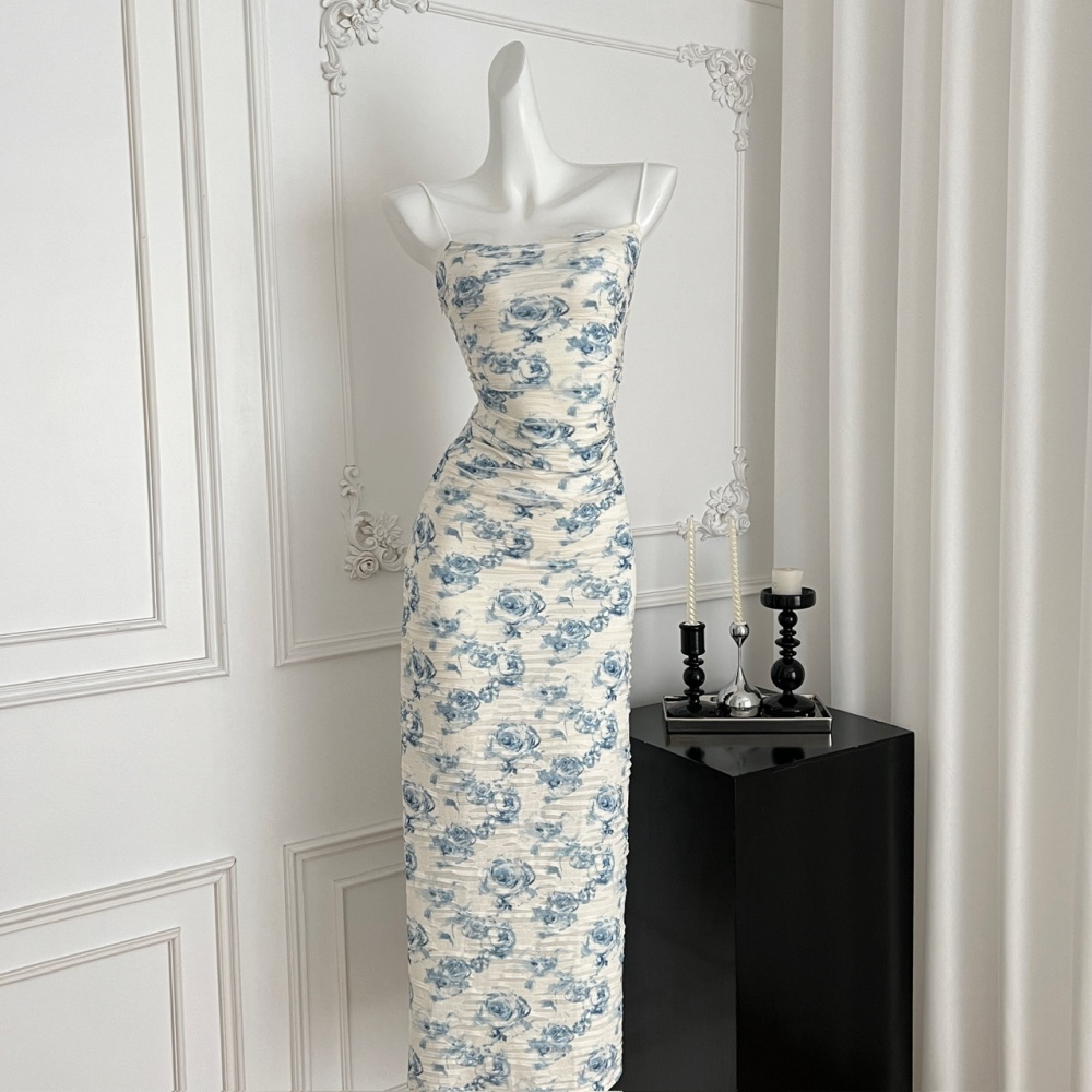 Printing elegant long slim elasticity dress for women