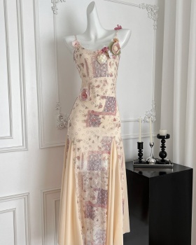 Sling mermaid romantic slim France style long dress