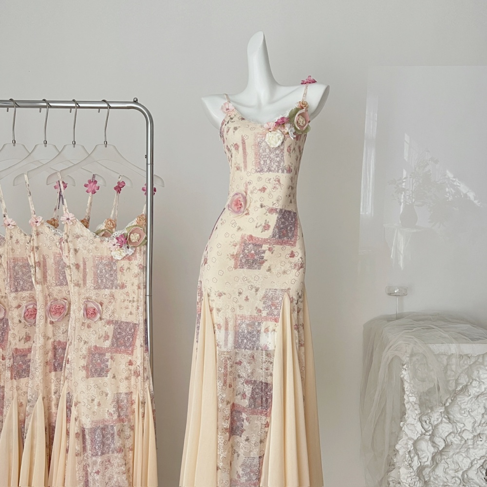 Sling mermaid romantic slim France style long dress