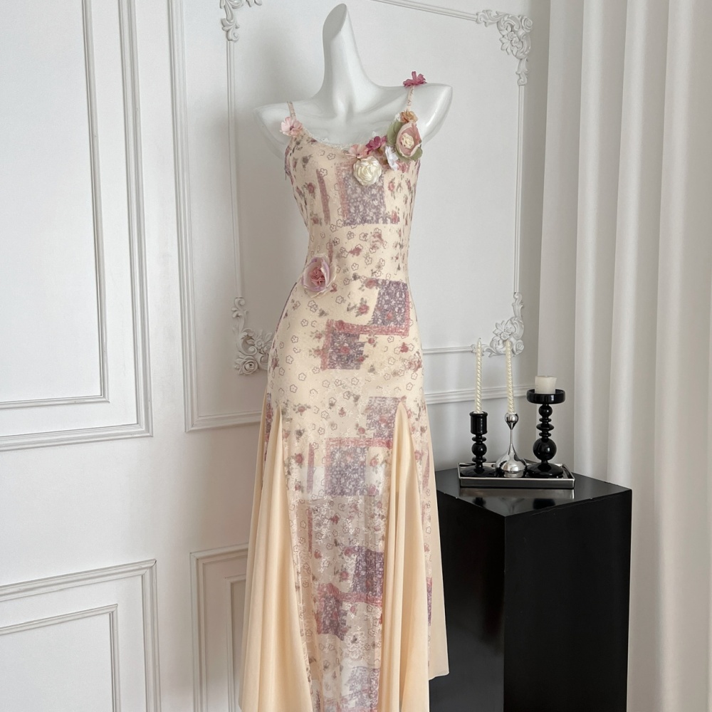 Sling mermaid romantic slim France style long dress