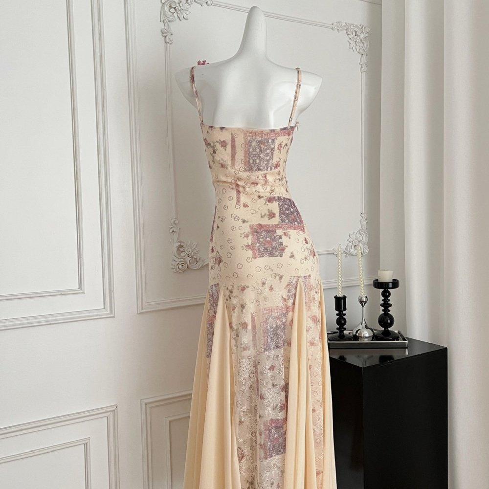 Sling mermaid romantic slim France style long dress