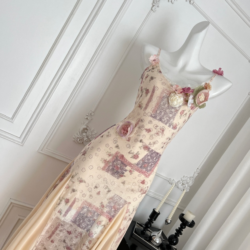 Sling mermaid romantic slim France style long dress