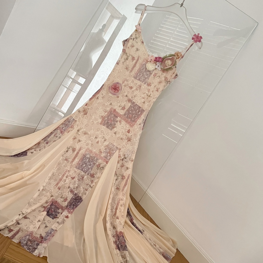 Sling mermaid romantic slim France style long dress