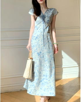 Was white printing elegant blue short sleeve pinched waist dress