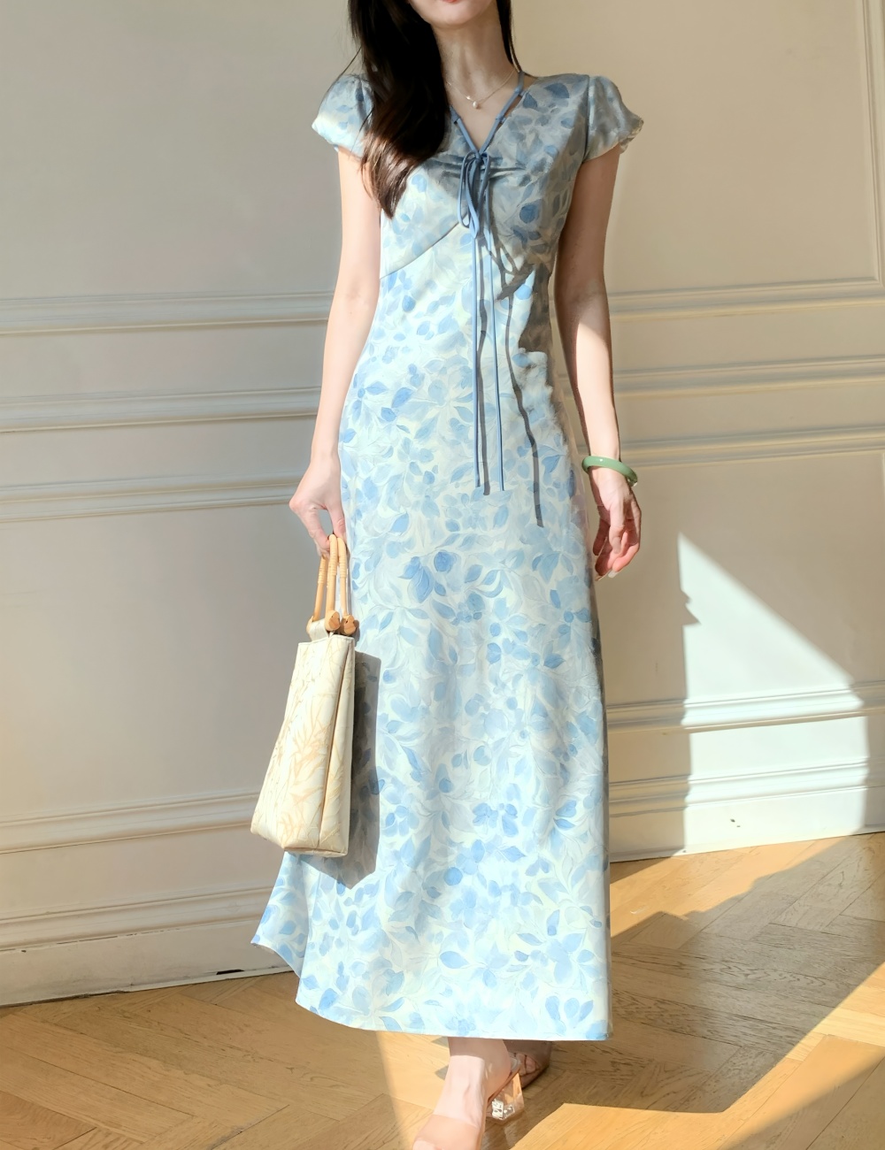 Was white printing elegant blue short sleeve pinched waist dress