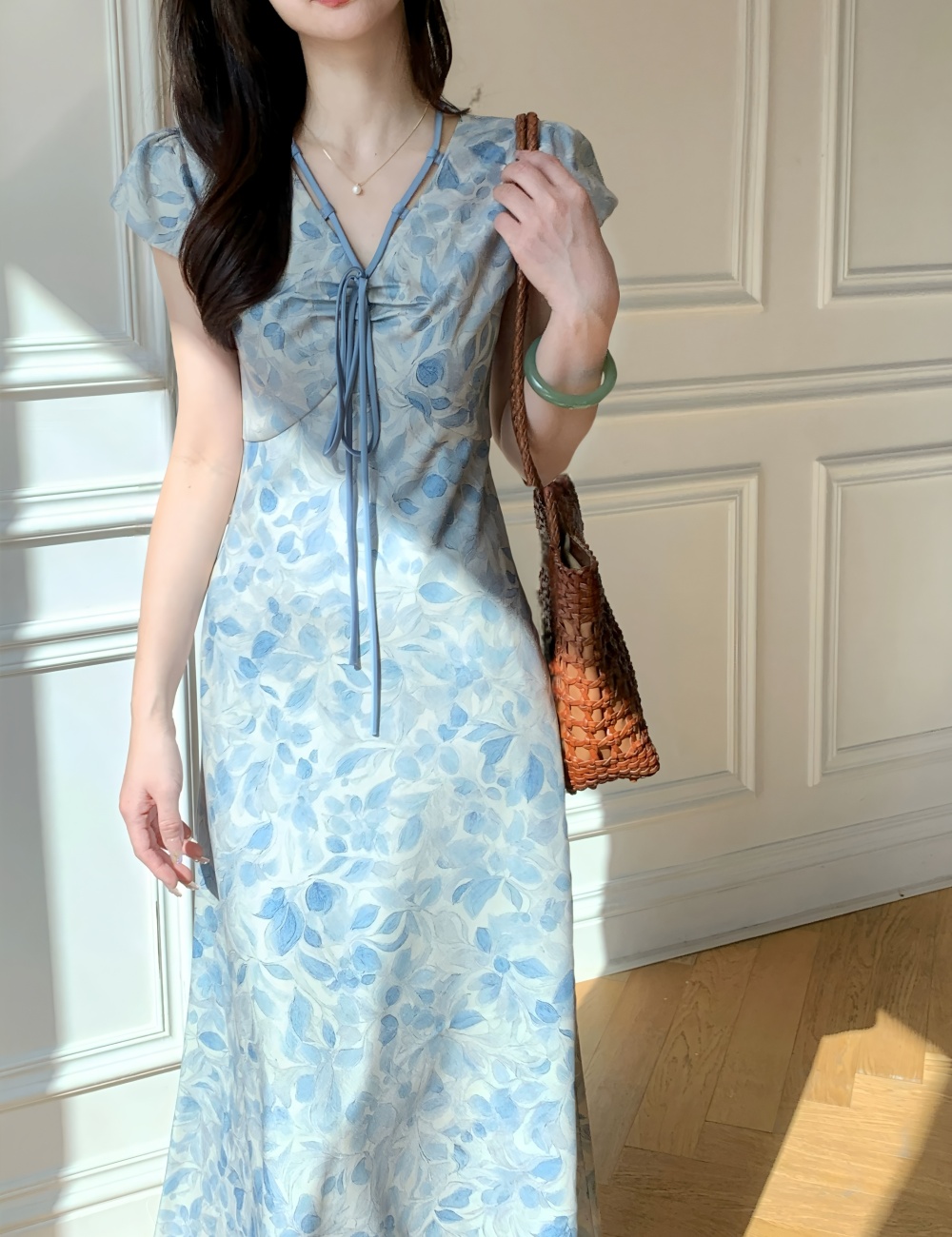Was white printing elegant blue short sleeve pinched waist dress
