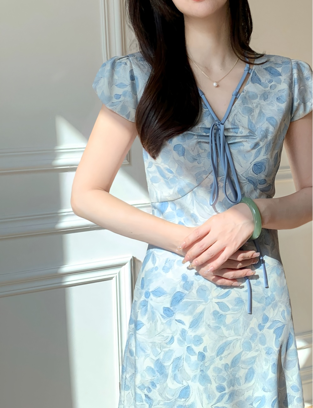 Was white printing elegant blue short sleeve pinched waist dress
