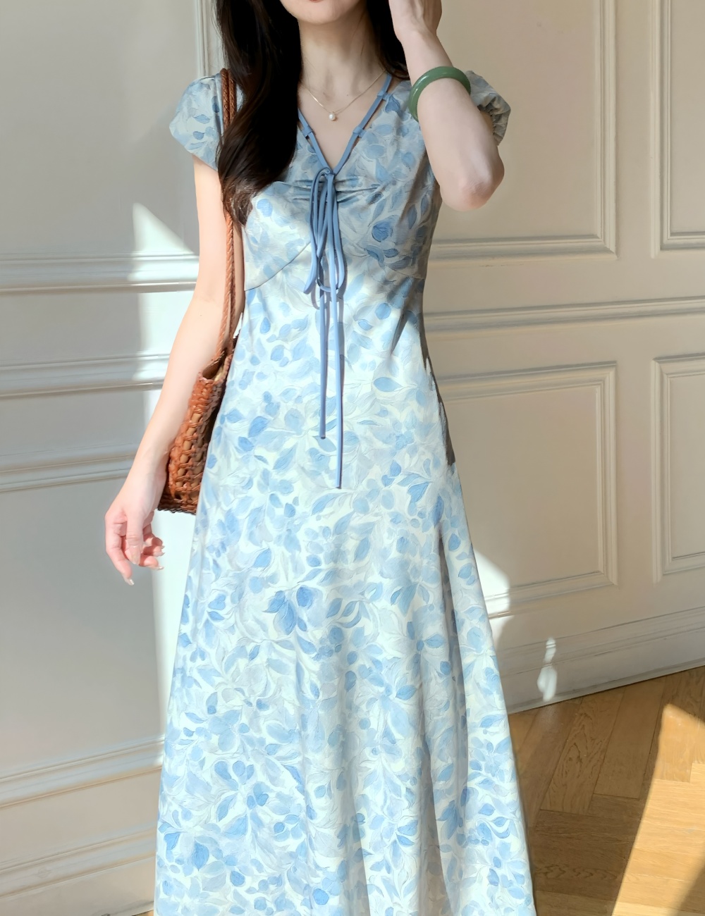 Was white printing elegant blue short sleeve pinched waist dress