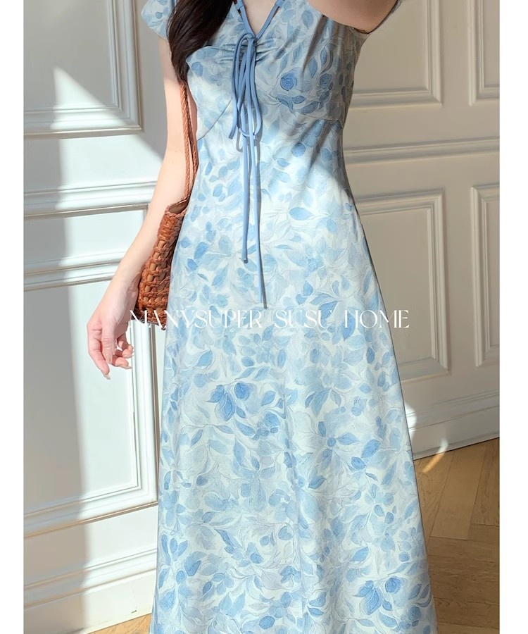 Was white printing elegant blue short sleeve pinched waist dress