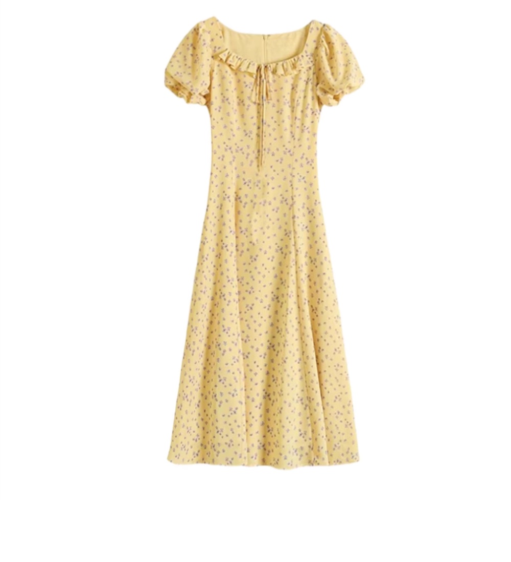 Niche pinched waist floral romantic slim elegant dress