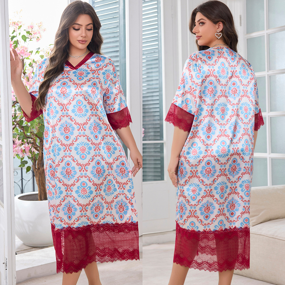 Large yard ice silk pajamas long night dress for women