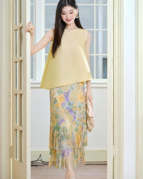 Sleeveless tassels short skirt floral tops a set