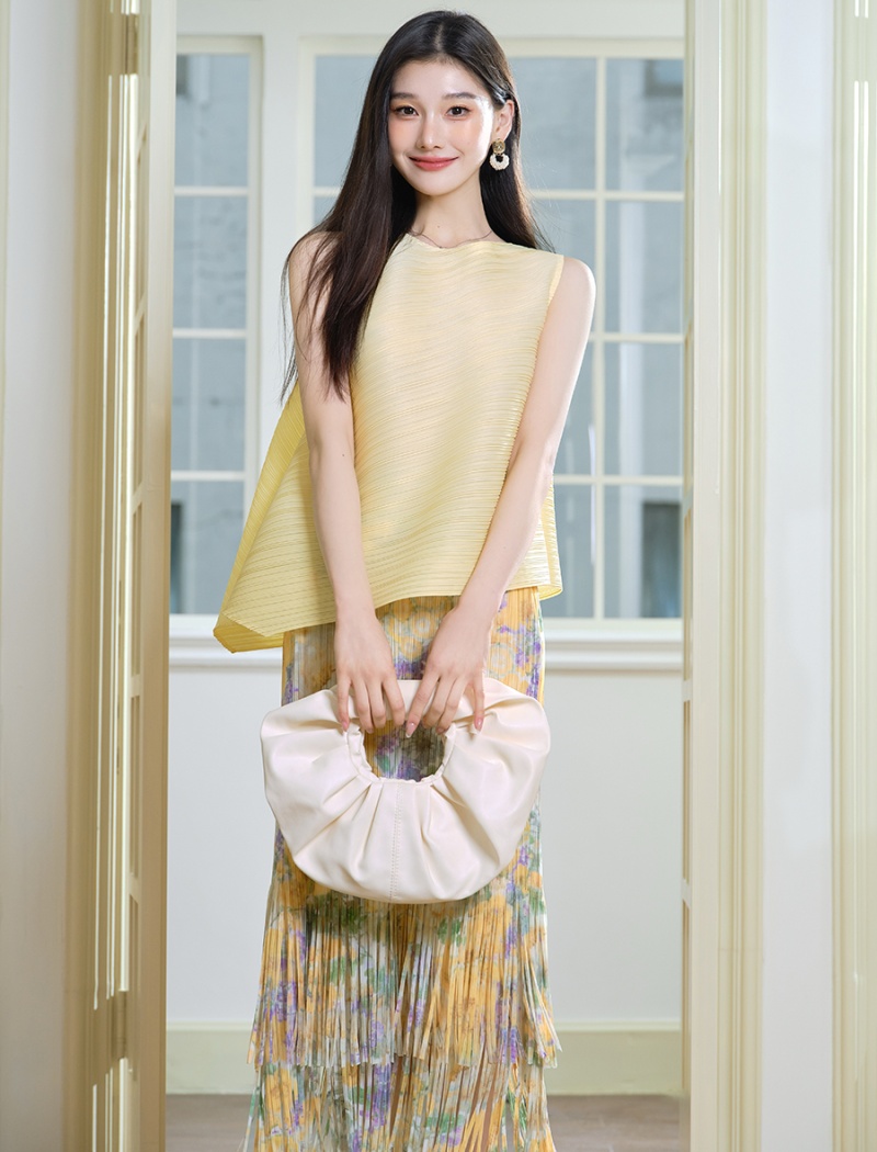 Sleeveless tassels short skirt floral tops a set