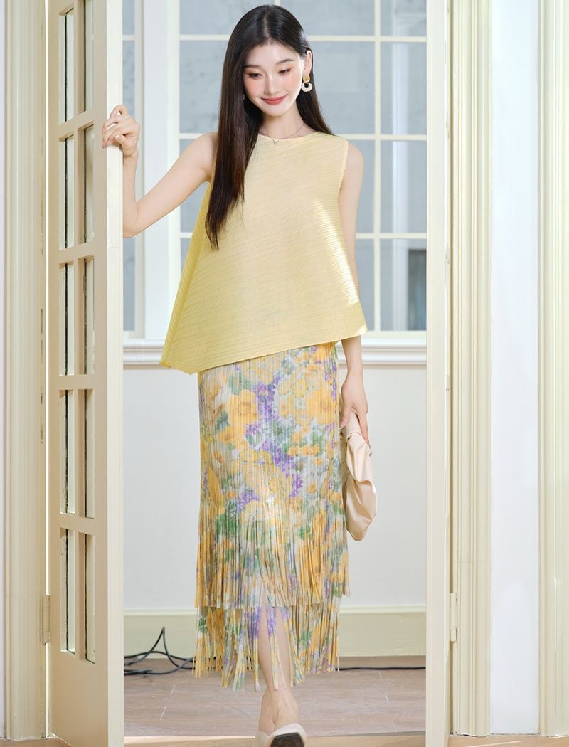 Sleeveless tassels short skirt floral tops a set