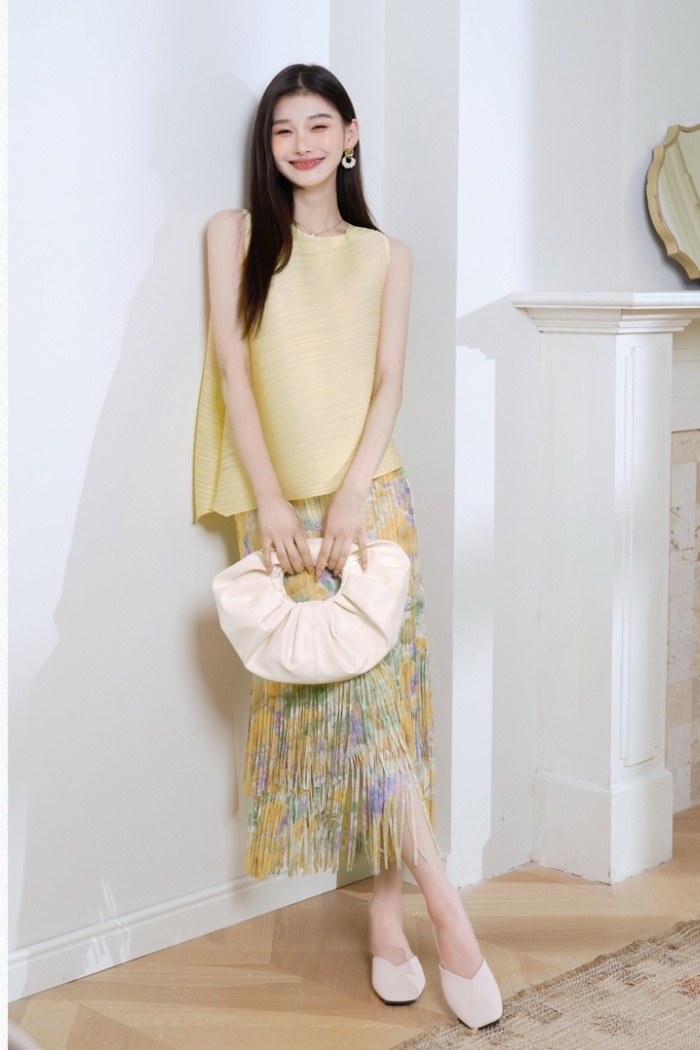 Sleeveless tassels short skirt floral tops a set