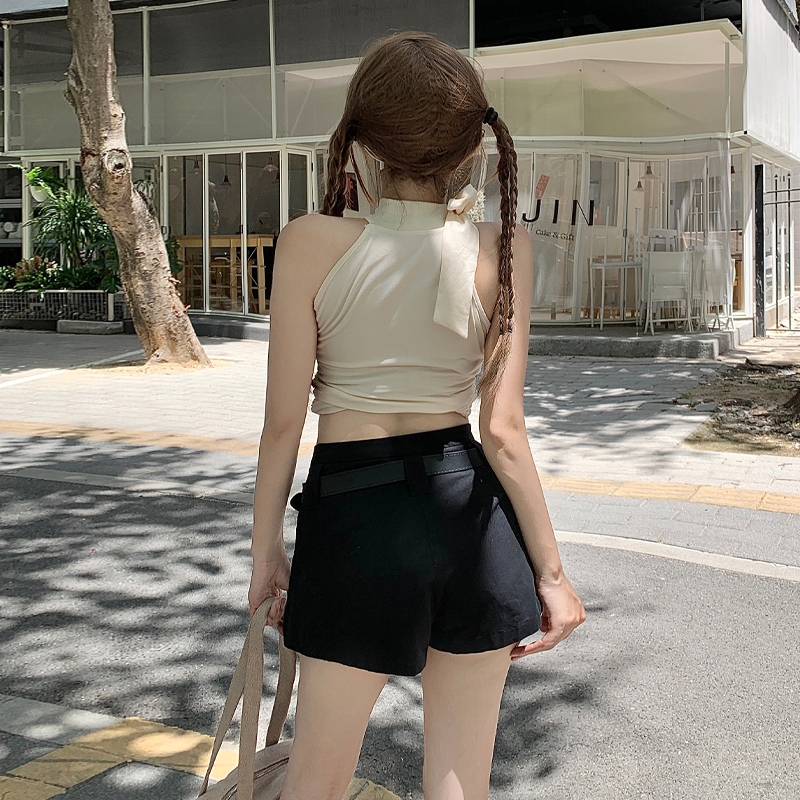 High waist black culottes slim with belt shorts for women