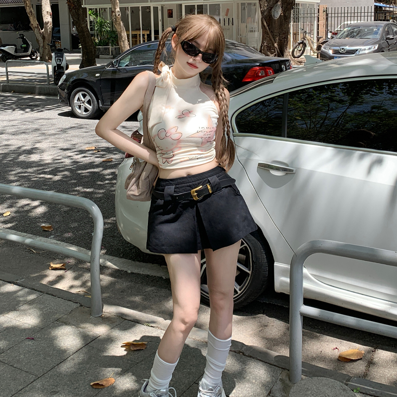 High waist black culottes slim with belt shorts for women