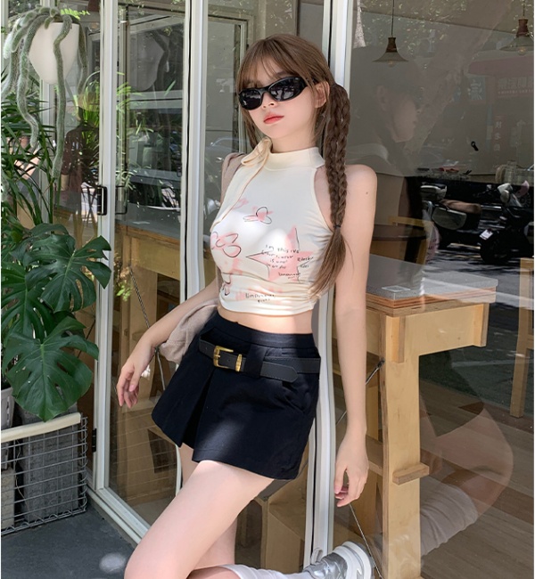High waist black culottes slim with belt shorts for women