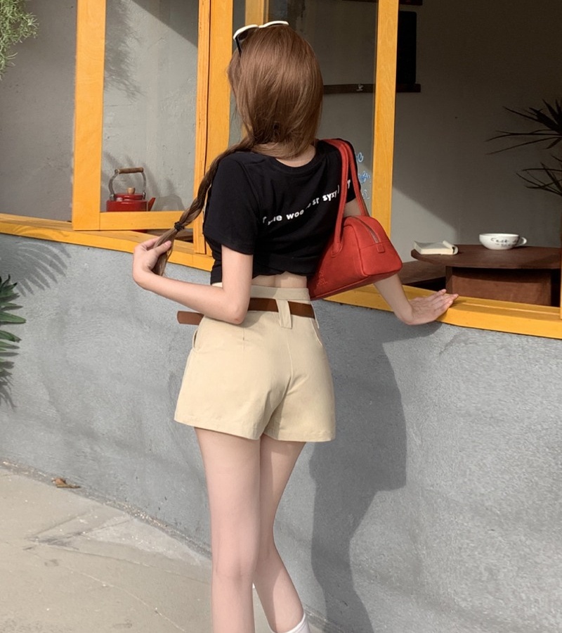 High waist black culottes slim with belt shorts for women