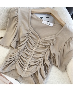 Fold short sleeve slim tops enticement square collar T-shirt