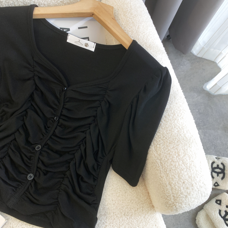 Fold short sleeve slim tops enticement square collar T-shirt
