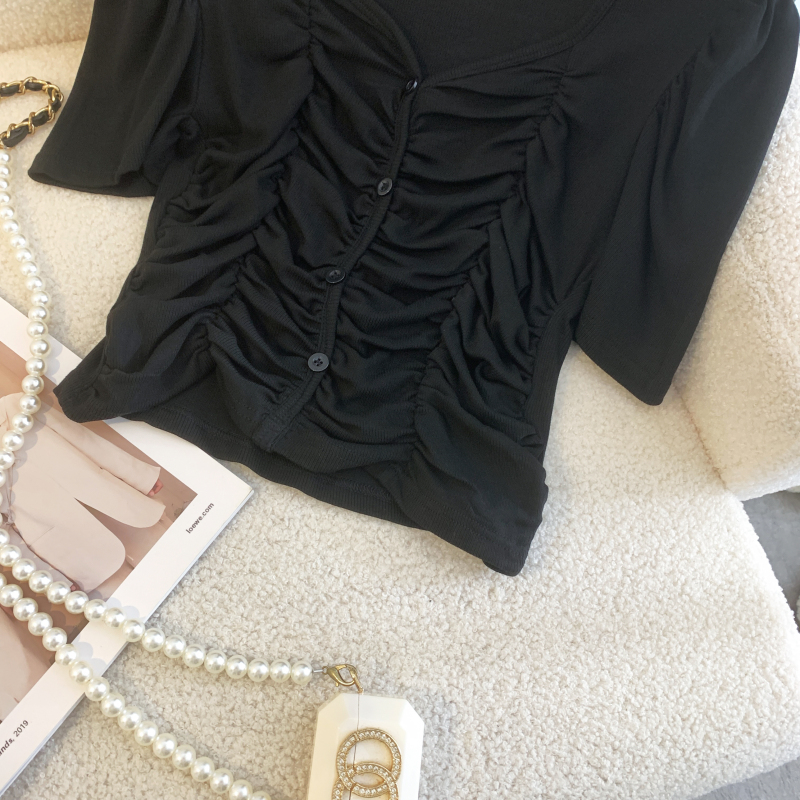 Fold short sleeve slim tops enticement square collar T-shirt