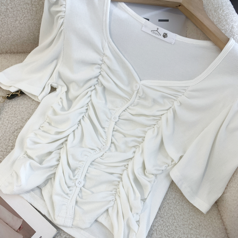 Fold short sleeve slim tops enticement square collar T-shirt