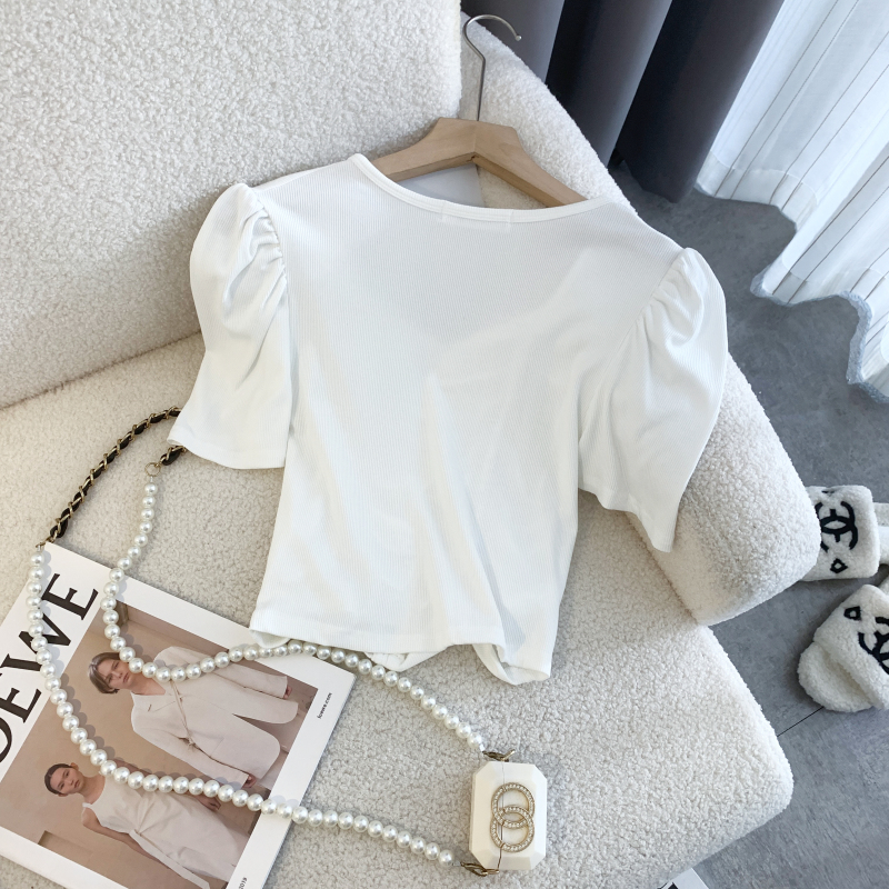 Fold short sleeve slim tops enticement square collar T-shirt