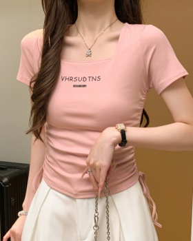 Drawstring T-shirt printing tops for women