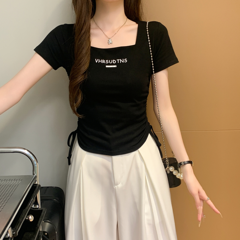 Drawstring T-shirt printing tops for women