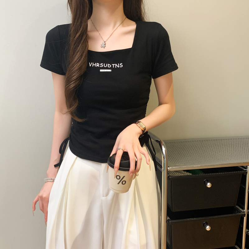 Drawstring T-shirt printing tops for women
