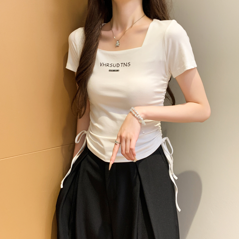 Drawstring T-shirt printing tops for women