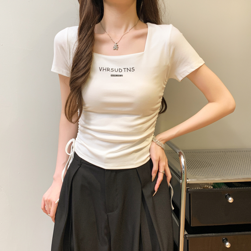 Drawstring T-shirt printing tops for women