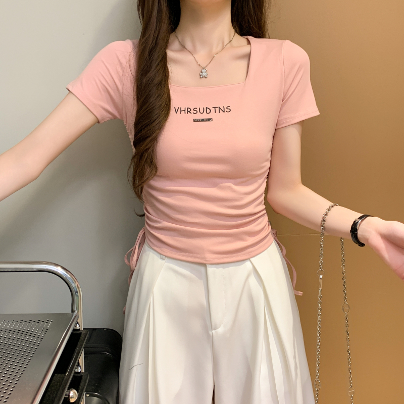 Drawstring T-shirt printing tops for women