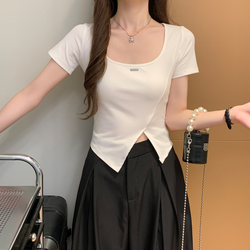 Refreshing square collar pure cotton T-shirt for women