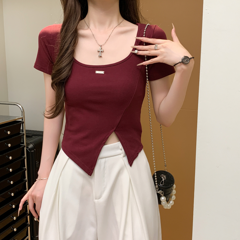 Refreshing square collar pure cotton T-shirt for women
