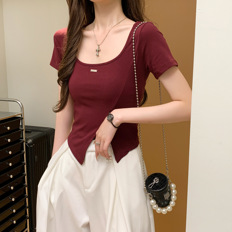 Refreshing square collar pure cotton T-shirt for women