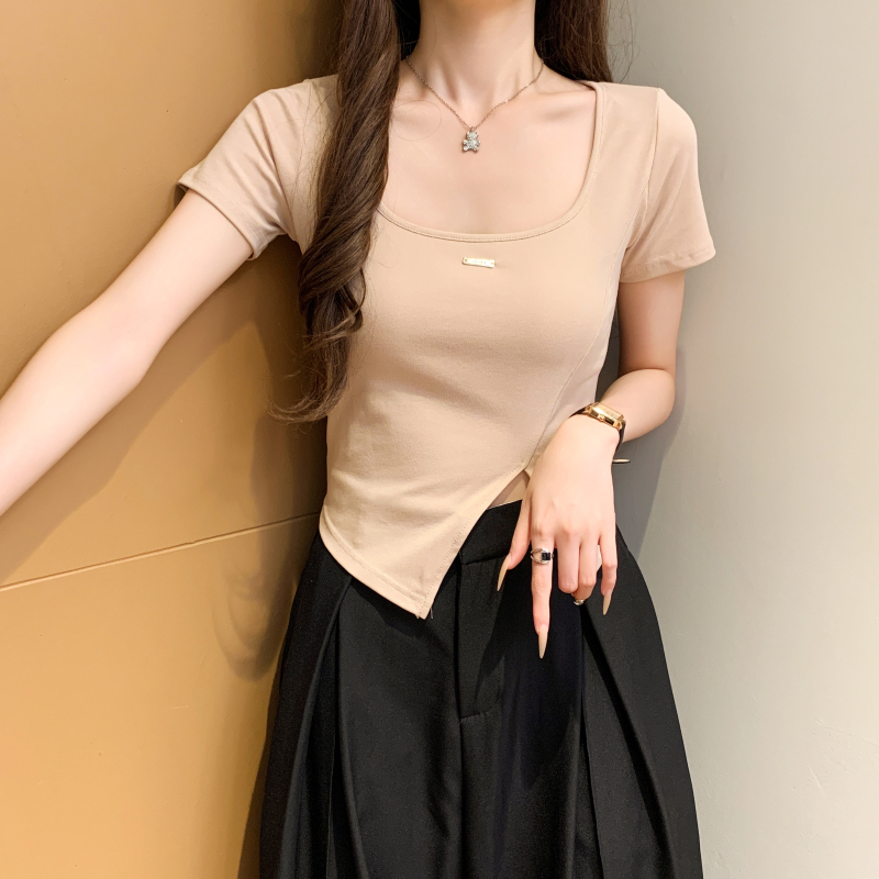 Refreshing square collar pure cotton T-shirt for women