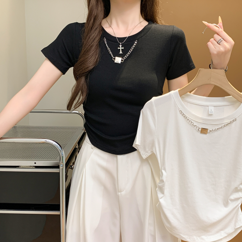 All-match chain metal T-shirt Western style short tops for women