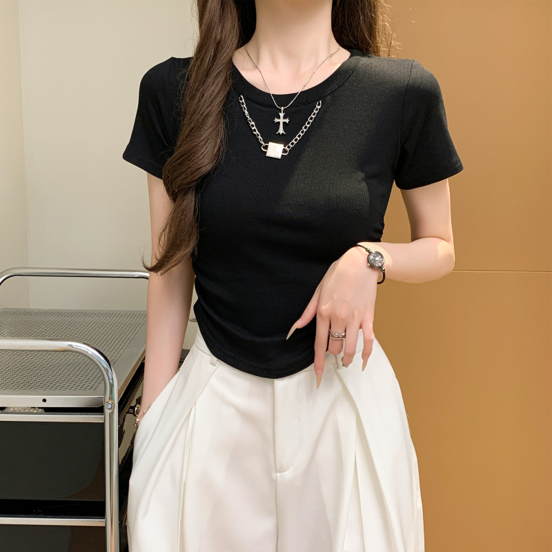 All-match chain metal T-shirt Western style short tops for women