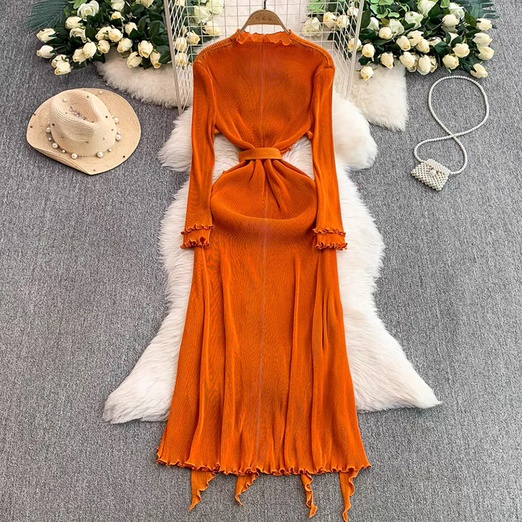 Wood ear France style long dress frenum fold dress for women